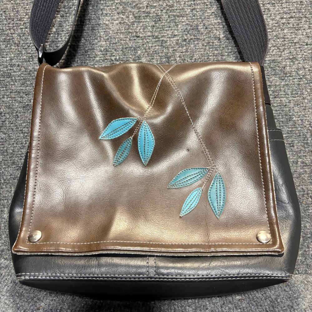 Queen Bee Creations Brown Black Faux Leather Leaf Crossbody Messenger Bag Purse